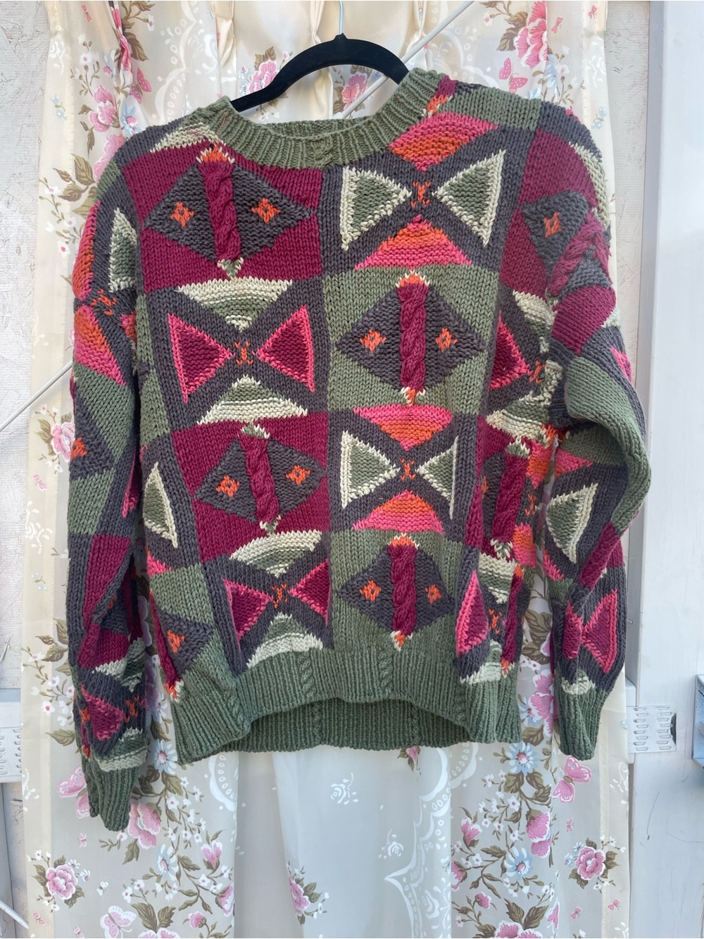 Woolrich Geometric Crewneck Sweater in Olive, Burgundy & Pink